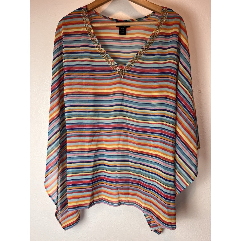 Lane Bryant Blouse Size 14/16 Rainbow Colored Beaded V-neck Flowly Tunic